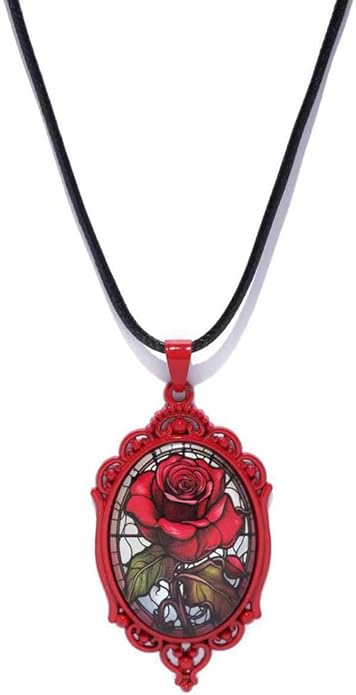 Gothic Rose Glass Necklace for Women Vintage Satan Demon Pendant Halloween Roses Necklaces Dark Punk Style Necklace Victoria Emboss Necklaces Mystic Witch Jewelry Gift Accessories