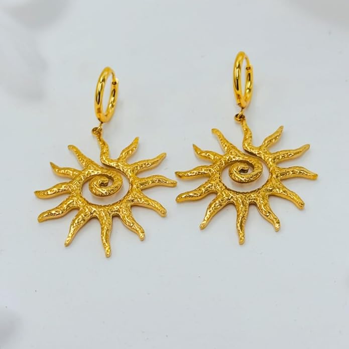 Sunburst Heart Dangle Hoop Earrings, 18K Gold Plated hypoallergenic Stainless Steel Cute Jewelry for Women daily Wear
