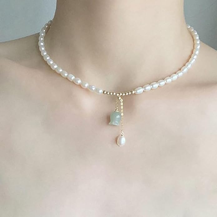 14K Gold Jade Orchid Necklace, Freshwater Pearl Beaded Clavicle Necklace, Mother's Day, Birthday Gift for Mother, Wife, Girlfriend