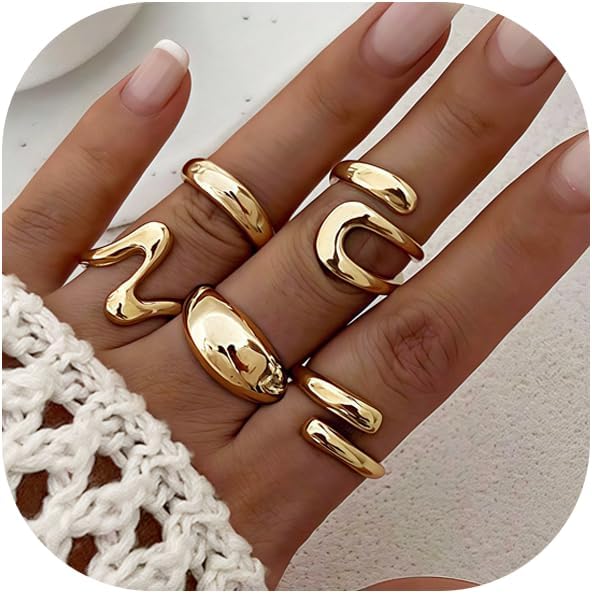 YEEZII Chunky Gold Rings for Women Non Tarnish, 18K Gold Plated Stackable Thumb Ring, Statement Women Rings Set