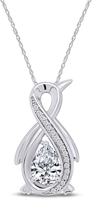Infinity Penguin Pendant Necklace for Women, 14K Gold Over Sterling Silver with Pear & Round Cut Simulated Birthstone & White Diamond Accents, Dainty Animal Jewelry Gift with 18" Chain