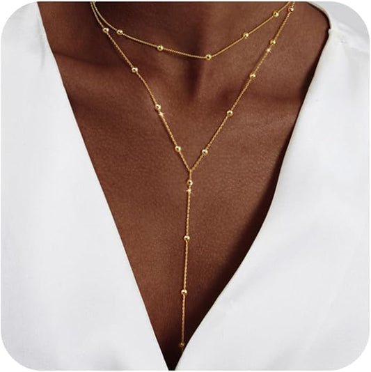 Gold Necklace for Women Trendy Lariat Y Necklace Dainty 14k Gold Plated/Silver Long Necklaces for Women Layered Beaded Drop Necklaces Simple Y-Shaped Chain Jewelry Gifts