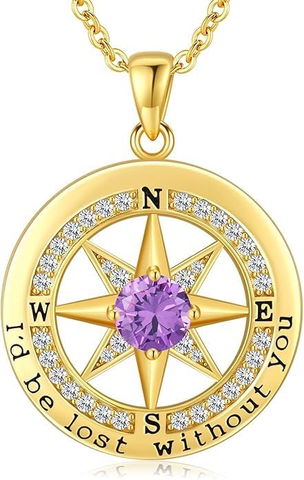 Compass Necklace for Women Wife Girlfriend Mom Daughter Gifts S925 Silver Jewelry For Anniversary Rose Gold Gifts For Birthday Christmas Mothers Valentines Day 12 Birthstones