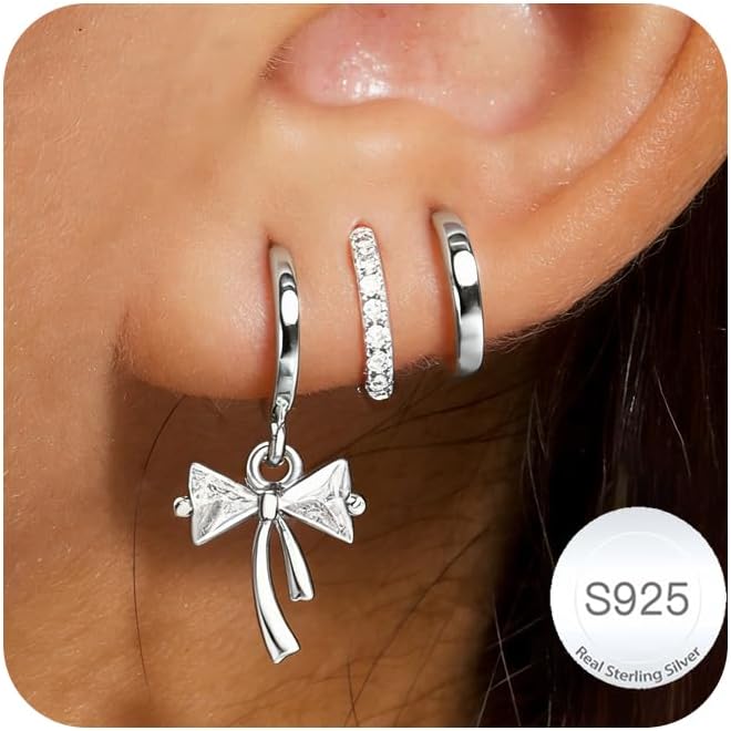 DORANA Valentines Day Gift 3 Pairs 925 Sterling Silver Earrings for Women Girls Non Tarnish Small Hypoallergenic Huggie Hoops Cartilage Stack Earring Sets for Multiple Piercing