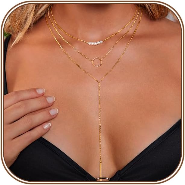 HAXIYA Lariat Gold Necklace for Women Dainty Long Necklace 14k Gold Plated/Silver Y-Shaped Pendant Drop Chain Trendy Layered Pearl/Beaded/CZ Necklaces Simple Gold Jewelry For Women Gift