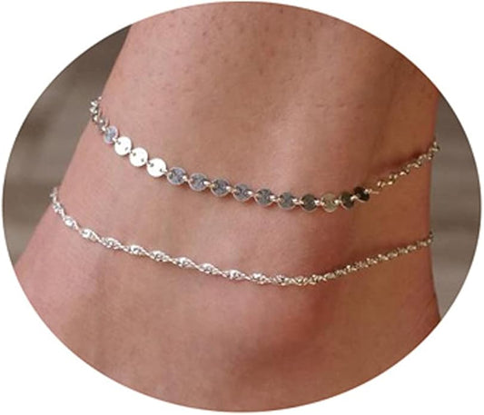 Pencros Dainty Layered Anklet,14K Gold Filled Cute Beads Satellite Chain Heart Boho Adjustable Anklets for Women