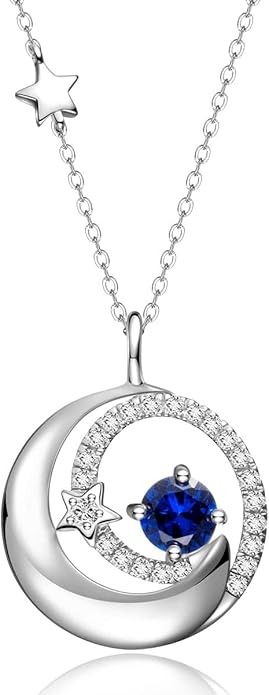 FANCIME Birthstone Necklaces 925 Sterling Silver Moon and Star Pendant Fine Jewelry Birthday Christmas Gifts for Mom Wife Her Daughter, Adjustable Chain 16+2"