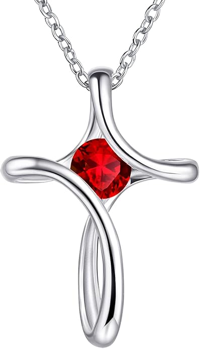 NINAMAID Cross Necklace for Women, 925 Sterling Silver Birthstone Necklace for Women with Diamond Sideways Cross Necklaces Birthstone Jewelry Birthday Gifts for Womens