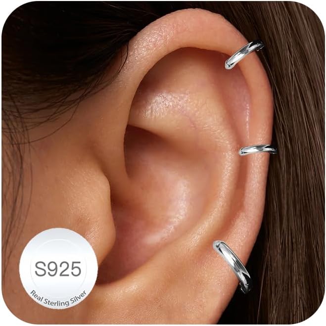 DORANA Valentines Day Gift 3 Pairs 925 Sterling Silver Earrings for Women Girls Non Tarnish Small Hypoallergenic Huggie Hoops Cartilage Stack Earring Sets for Multiple Piercing