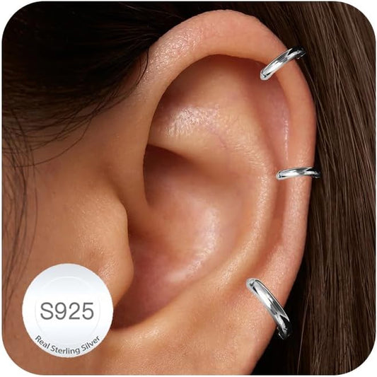 DORANA Valentines Day Gift 3 Pairs 925 Sterling Silver Earrings for Women Girls Non Tarnish Small Hypoallergenic Huggie Hoops Cartilage Stack Earring Sets for Multiple Piercing