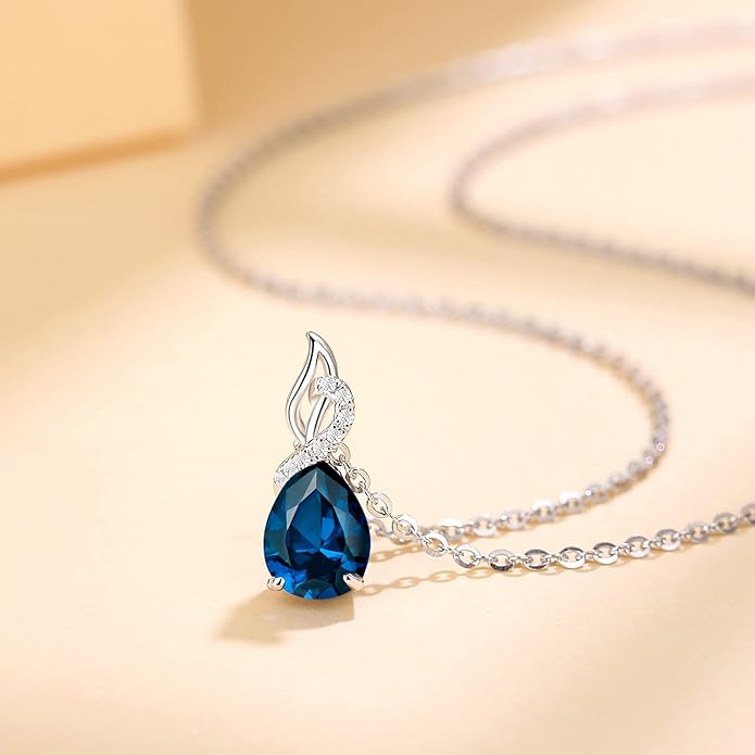FANCIME 14K Solid White Gold Teardrop Pendant with Diamond Birthstone Necklace