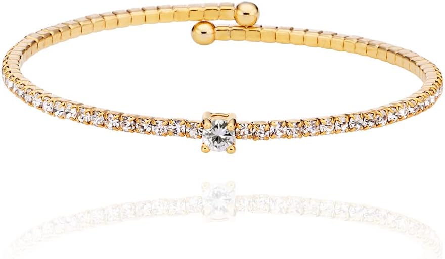 OZEL – Women’s Gold Cuff Bracelets – 18K Gold Plated Textured Bangles with Multi-Color Crystal & Rhinestone Accents – Layered Stacking Jewelry