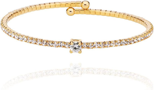 OZEL – Women’s Gold Cuff Bracelets – 18K Gold Plated Textured Bangles with Multi-Color Crystal & Rhinestone Accents – Layered Stacking Jewelry