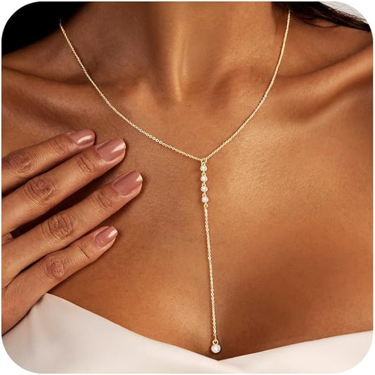 Gold Necklace for Women Trendy Lariat Y Necklace Dainty 14k Gold Plated/Silver Long Necklaces for Women Layered Beaded Drop Necklaces Simple Y-Shaped Chain Jewelry Gifts