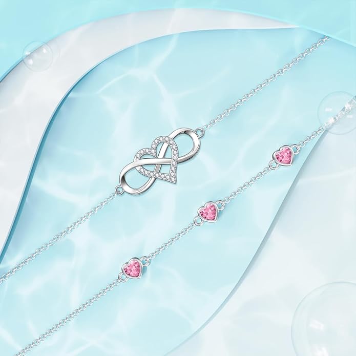 Dorunmo 925 Sterling Silver Infinity Heart Birthstone Anklet Bracelets for Women Best Mother's Day Birthday Jewelry for Wife Girlfriend Mom Her