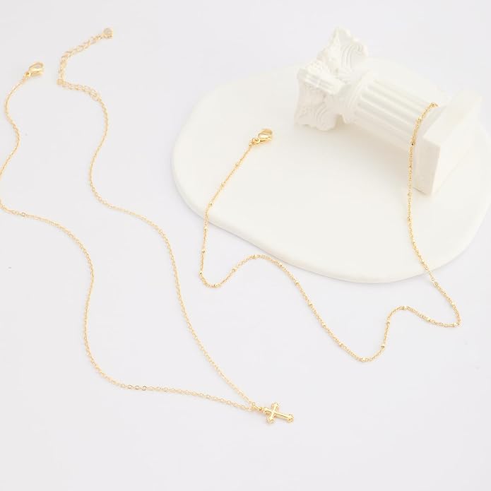 Cross Necklace for Women 14K Gold Silver Plated Dainty Small Cross Pendant Choker Simple Trendy Cute Cross Charm Chain Necklace Easter Basket Stuffers Baptism Religious Faith Jewelry Gift