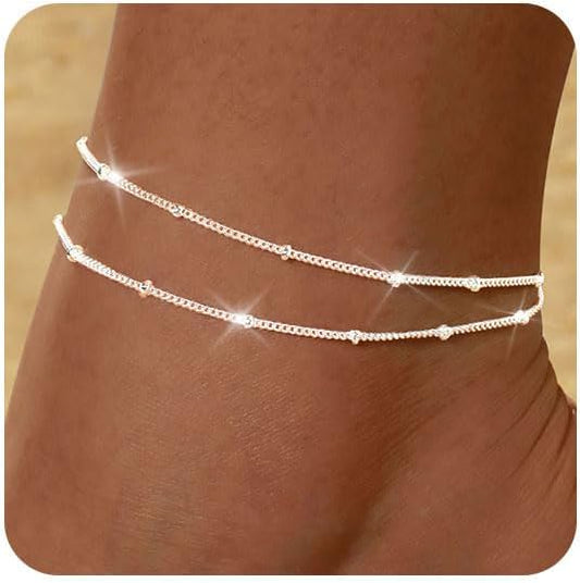 FUNEIA Gold Silver Ankle Bracelets for Women Waterproof 14K Gold Plated Anklets for Women Non Tarnish Dainty Layered Beaded Heart Anklet Set Summer Beach Foot Chain Jewelry Gifts Trendy Stuff