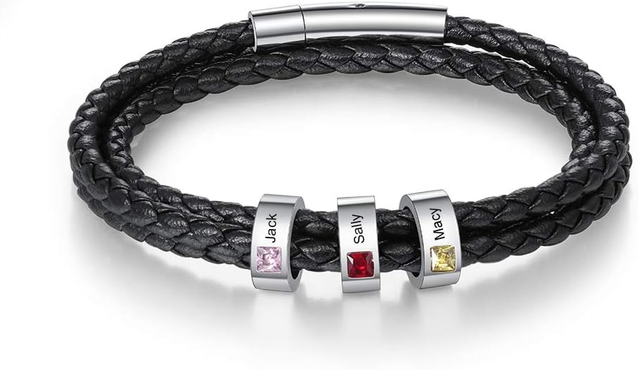 kaululu Custom Leather Bracelet for Men with 1/2/3/4/5/6/7/8 Birthstones Engraved Stainless Steel Beads Personalized Names Bracelet for Father's Day Christmas Thanksgiving Gift for Men