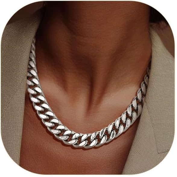 ChainsPro Chunky Cuban Link Chain Necklace for Women,Stainless Steel Silver/Gold Plated Thick Choker, 5/12/14mm Width,18" and 20" Punk Hip Hop Trendy Jewelry Gifts
