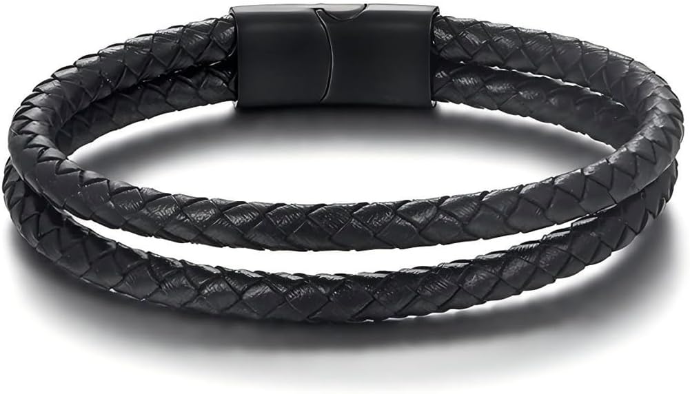 Italian Handmade Genuine Leather Bracelets for Men Stainless Steel Clip, Men's Casual Genuine Multi-layer Cuff Bracelet, Bracelet Gift for Real Men