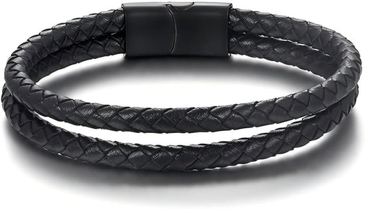 Italian Handmade Genuine Leather Bracelets for Men Stainless Steel Clip, Men's Casual Genuine Multi-layer Cuff Bracelet, Bracelet Gift for Real Men