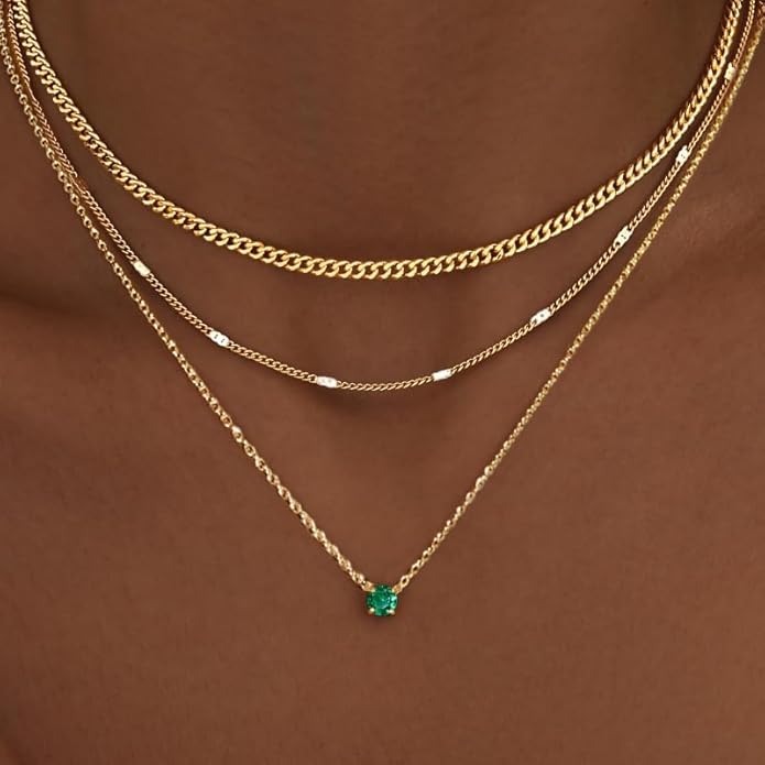 WomenGifts Layered Gold Necklaces for Women, 14K Gold Sterling Silver Plated Dainty Pendant Necklace Set with Cubic Zirconia Circle, Chunky Stackable Cuban Chain Choker, Trendy Personalized Birthstone Jewelry Gift Non Tarnish