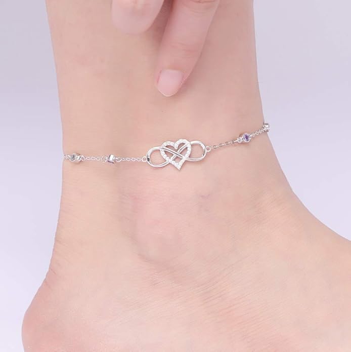 S925 Sterling Silver Ankle Bracelet for Women,Infinity Anklet with Heart Design Charm Jewelry Mother's Day Gifts for Women Mother