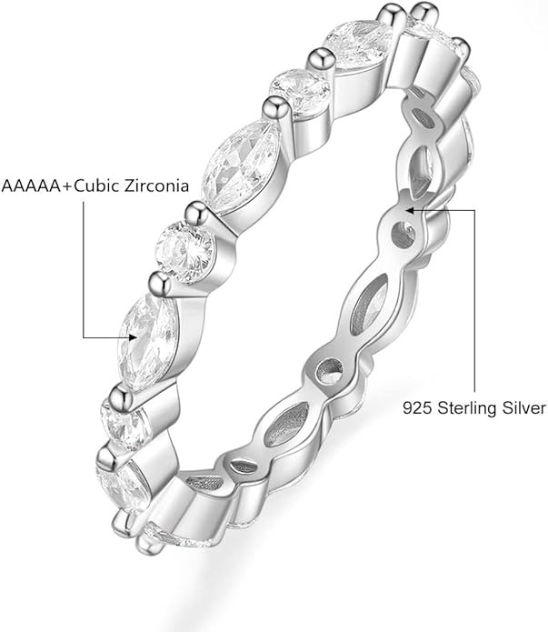 EAMTI 2mm 925 Sterling Silver Wedding Band Cubic Zirconia Full Eternity Stackable Engagement Ring Size 3-13