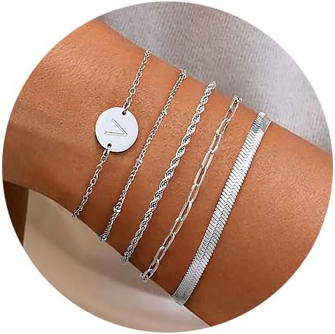 KSF Gold Bracelets for Women Stack - 14K Gold Plated Stackable Bracelets for Women Trendy Initial Bracelet Set Stack Cuban Link Paperclip Chain Jewelry Gifts