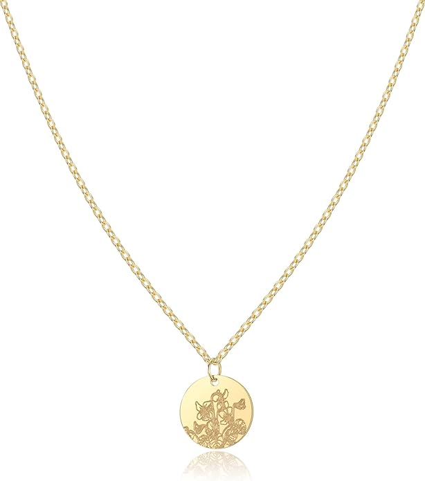 Birth Flower Necklace, 14K Gold Plated Floral Pendant Necklaces for Women, Simple Dainty Birth Month Flower Necklace, Birthday Jewelry for Women - 12 Month