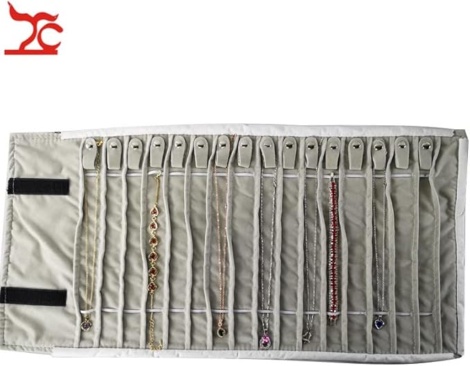 SCIKHEFT Portable Jewelry Roll Untangled Secure Necklace Travel Storage Bag Displays Holder 16 Chain (Black PU and gray velvet)
