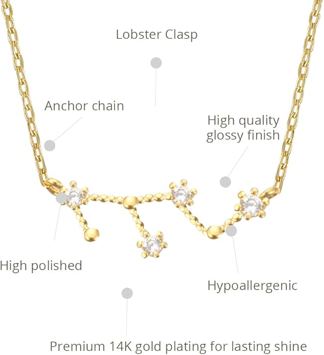 Zodiac 18K Gold Plated CZ Necklace With Message Card, Yellow Gold Color, Anchor Chain, Best Gift Necklace, Size 16 inch + 2 inch Extender, Pendant, Constellation, Gift Card