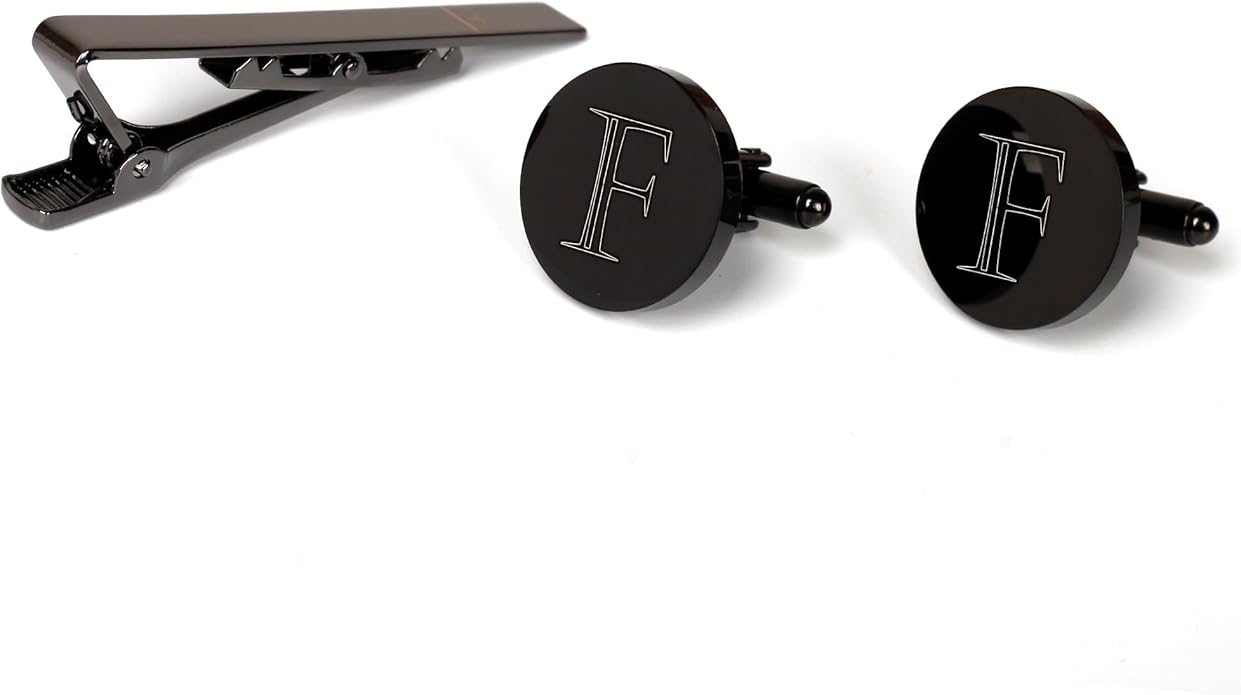 Mens Initial Cufflinks and Tie Clip A-Z Alphabet Letter Black Stainless Cuff Links Tie Bar with Engraved Walnut Wood Box Groom Groomsman Wedding Set
