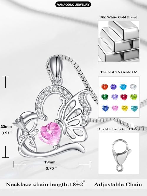 Birthstone Heart butterfly Necklace for Women, Infinity Pendant 14K Gold /18K White Gold Womens Necklaces, Jewelry Anniversary Birthday Christmas Gifts for Her Mom Wife﻿