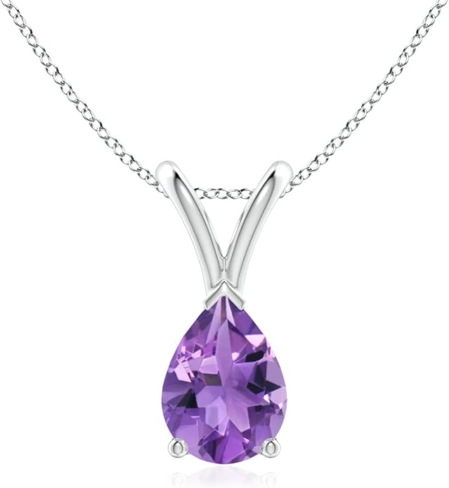 Angara Natural Amethyst Solitaire Pendant for Women | V-Bale Pear-Shaped Amethyst Solitaire Pendant in 14K Solid Gold/Silver/Platinum | February Birthday, Anniversary, Gemstone Jewellery Gift