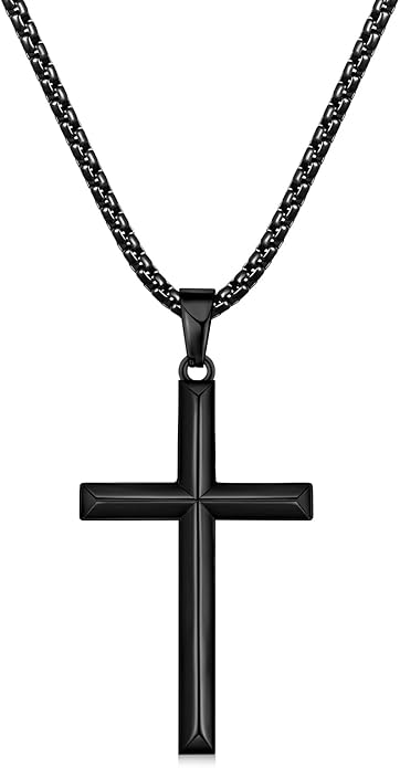 Fiusem Beveled Edge Cross Necklace for Men, Silver Tone/Black/14K Gold Plated Mens Cross Necklace, 2.5MM Stainless Steel Box Chain with Pendant
