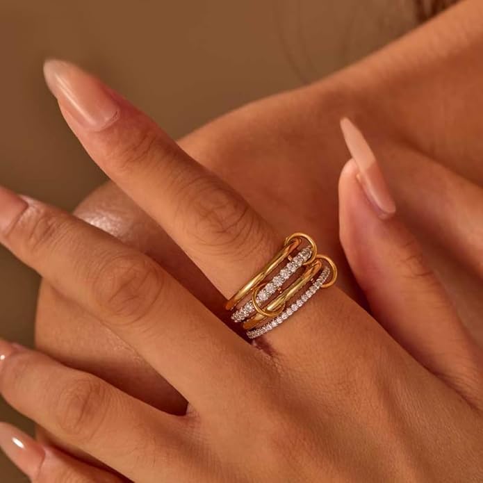 14K Gold Plated Interlocked Stackable Rings for Women Non Tarnish,Gold and Silver Cubic Zirconia Statement Rings Set,Mixed Metals Ring Two-Toned Connected Bands Stacking Jewelry