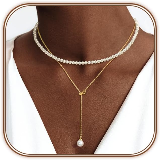 Zeffy Gold Pearl Necklace for Women, Dainty 14K Gold/Silve Plated Layered Pearl Choker Pearl Earrings Pearl Bracelets Wedding Trendy Gold Jewelry Set for Women Gifts