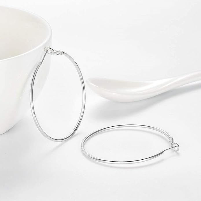 3 Pairs Sterling Silver Hoop Earrings, 14K White Gold Plated Big Hoop Earrings Set for Women 40 50 60MM
