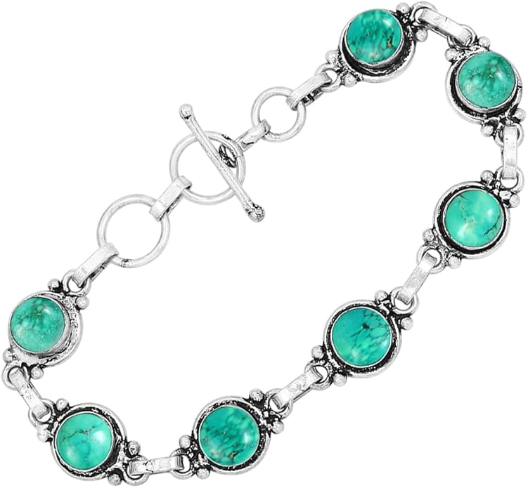 Round Shape Natural & Synthetic Gemstones Silver Plated Bracelets for Women - Vintage Bohemian Style Handmade Birthstone Adjustable Link Bracelet Jewelry Gifts for Wedding Anniversary Mother's Day