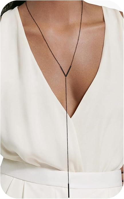 FOCALOOK Long Necklaces for Women 14K Gold Plated Dainty Drop Bar Pendant Lariat Y-Shaped Necklace Earring Set 28inch/73cm