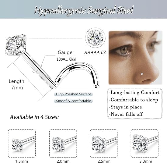 Nose Rings Studs: 8Pcs 20G Gold/Silver 316L Surgical Stainless Steel Nose Studs Hypoallergenic Corkscrew Nose Piercing Stud Jewelry for Women Men Clear Cubic Zirconia Imitation Diamond Top Size 1.5mm 2mm 2.5mm 3mm