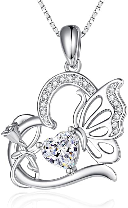 Birthstone Heart butterfly Necklace for Women, Infinity Pendant 14K Gold /18K White Gold Womens Necklaces, Jewelry Anniversary Birthday Christmas Gifts for Her Mom Wife﻿