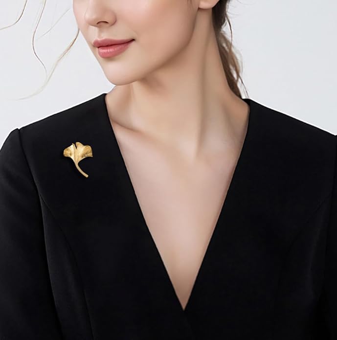Gold Ginkgo Leaf Brooch Yellow Flower Lapel Pin Blazer Dress Jacket Suit Clothing Jewelry Vintage Inspired Birthday Festival Gift for Women