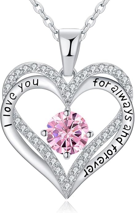 Birthstone Heart Necklace for Women Wife Girlfriend Mom Daughter Gifts S925 Silver Jewelry For Anniversary Rose Gold Gifts For Birthday Christmas Mothers Valentines Day