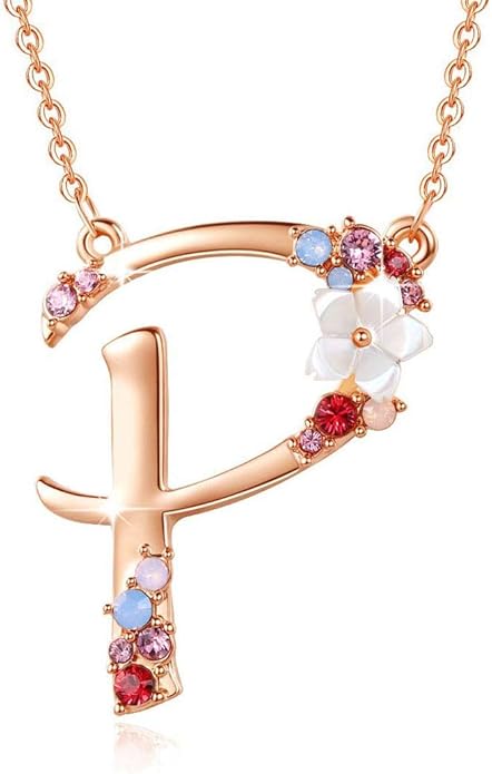Flower Initial Letter Necklace Pink Red Blue Simulated Pearl Pendant Name Jewelry Made with Austrian Crystals Rose Gold Plated Anniversary Birthday Gifts for Women,18"+2"