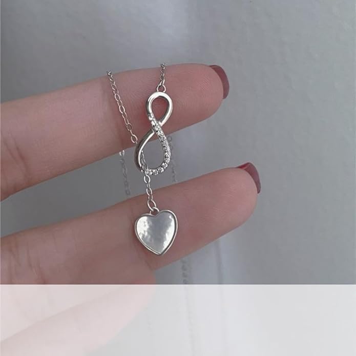 Infinity Lariat Y-Necklace for Women 925 Sterling Silver Love Heart Mother of Pearl Pendant Long Link Chain Necklaces Adjustable Delicate Wedding Birthday Valentines Jewelry Gift 20 inches