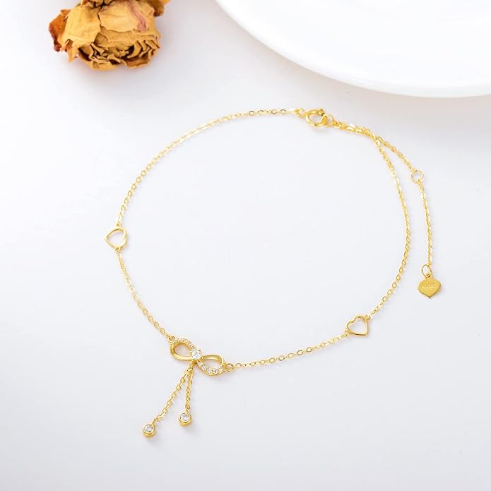 14K Solid Gold Heart Infinity Anklet for Women,Real Gold Dainty Moissanite Infinity Heart Anklets Beads Station Anklet Foot Link Anniversary Birthday Jewelry Gifts for Wife Mom 8''+2''