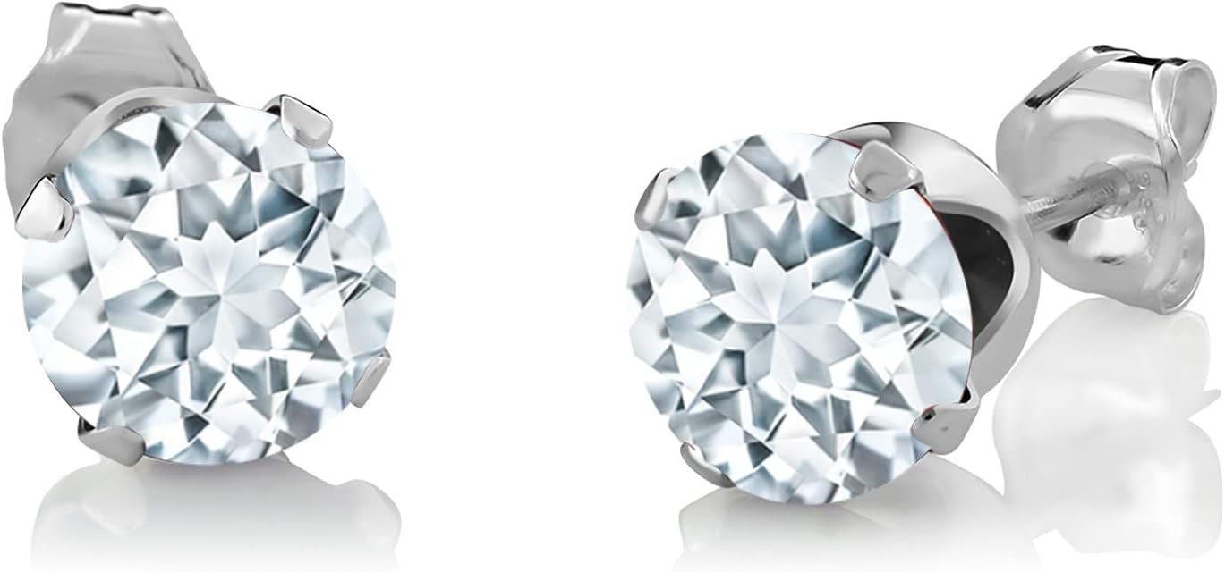 Gem Stone King 2.30 Cttw Sky Blue Aquamarine and White Diamond Pendant Earrings Jewelry Set Gift Set For Women | 925 Sterling Silver | 6MM Round Cut | With 18 Inch Silver Chain