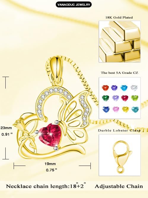 Birthstone Heart butterfly Necklace for Women, Infinity Pendant 14K Gold /18K White Gold Womens Necklaces, Jewelry Anniversary Birthday Christmas Gifts for Her Mom Wife﻿
